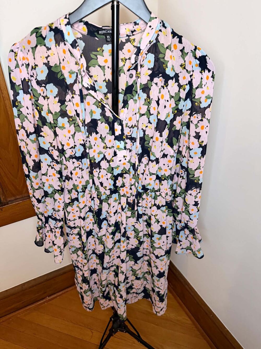 J.Crew Mercantile XS Floral Long Sleeve Mini Dress Navy Pink Ruffle